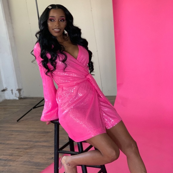 Pink Sequin Wrap Balloon Sleeve Mini 